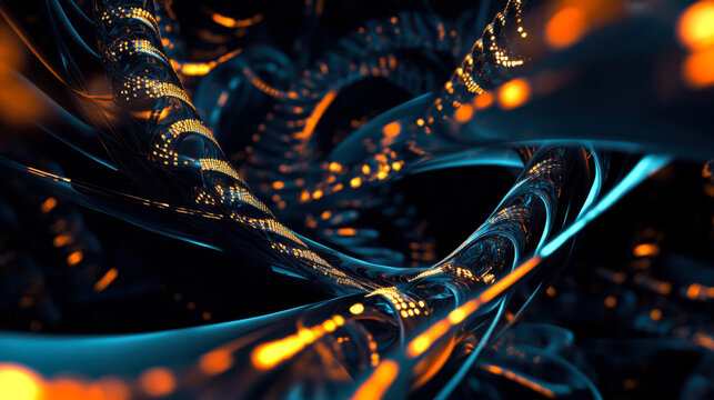 Intricate patterns of glowing lines and particles in a futuristic digital landscape at night