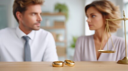 Two wedding rings on wooden table in sharp focus, couple in background blurred with tense expressions, golden scale of justice, legal process, soft natural light adds realism and emotional tension
