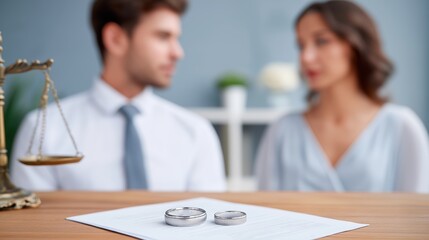 Two wedding rings on legal document in lawyer’s office, couple in background blurred with tense expressions, scales of justice on desk, soft lighting and neutral tones, divorce, legal separation