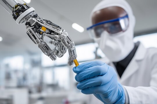 Scientist in protective gear testing robotic arm in high-tech lab, close-up of human and machine collaboration, advanced robotics research with sterile environment and precision instruments