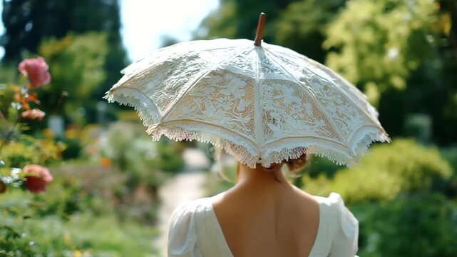 Lady strolling with vintage lace parasol in garden, floral path and soft wind, timeless elegance, old-world femininity, poetic nostalgia, cinematic beauty, serene atmosphere, with