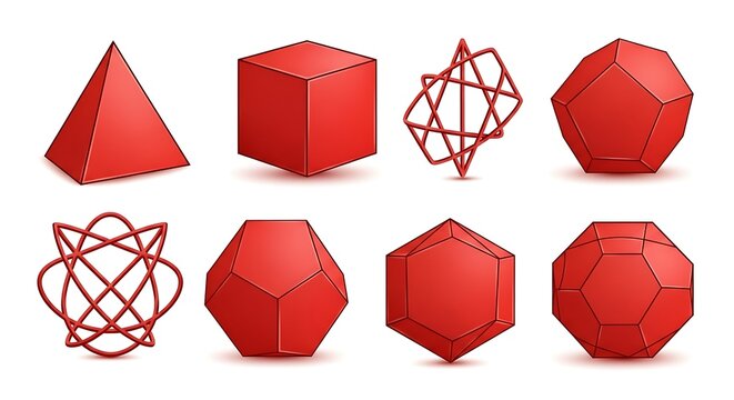 Geometric Shapes - A Collection of Red Polyhedra and Abstract Forms.