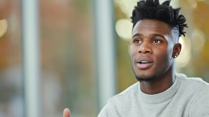 Young man in gray sweater talking indoors, expressive look and natural gestures, thoughtful facial expression in soft daylight, blurred autumnal background through large window, communication