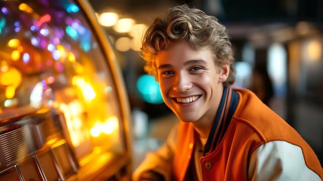 Man wearing vintage varsity jacket leaning on jukebox, neon glow and laughter, 1950s youth culture, nostalgia and energy, timeless confidence, retro nightlife, rock and roll aesthe