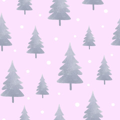 Fototapeta premium Soft pastel seamless winter pattern with gray Christmas trees and snow on pink background. Perfect for holiday wrapping paper, textile design, wallpapers, and festive stationery