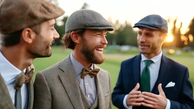 Friends playing traditional golf at countryside club, tweed outfits and laughter, 1920s leisure, elegance and sport, timeless camaraderie, refined nostalgia, pastoral scene, with c