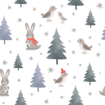 Adorable seamless winter forest pattern with birds, and bannies among Christmas trees and snowflakes. Ideal for kids&rsquo; textiles, wrapping paper, nursery prints, and Christmas decorations