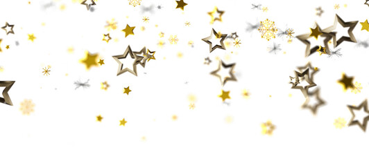 Gold stars and snowflakes on a white background, perfect for New Year, Christmas, birthday or festive themes, representing joy, celebration and