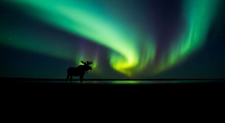 Moose is standing and colorul light on the sky
