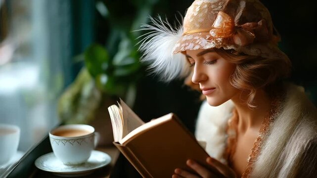 Lady in cloche hat reading pulp fiction novel by window, soft daylight and coffee cup beside, literary escape, 1920s fashion, nostalgia and calm, classic style, timeless charm, wit