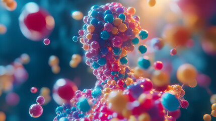 Colorful representation of human anatomy surrounded by molecular structures in a futuristic setting