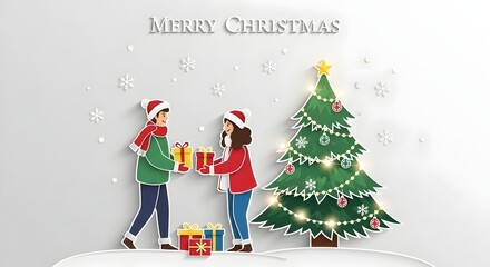 Festive Merry Christmas illustration with happy couple exchanging holiday gifts by a decorated tree and snowflakes