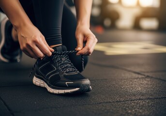 Woman tying shoelaces on running shoes before a workout at the gym