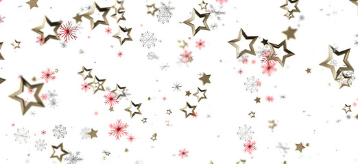 Abstract Christmas and New Year background with gold stars, snowflakes and white backdrop. Perfect for holiday greetings or seasonal design proj