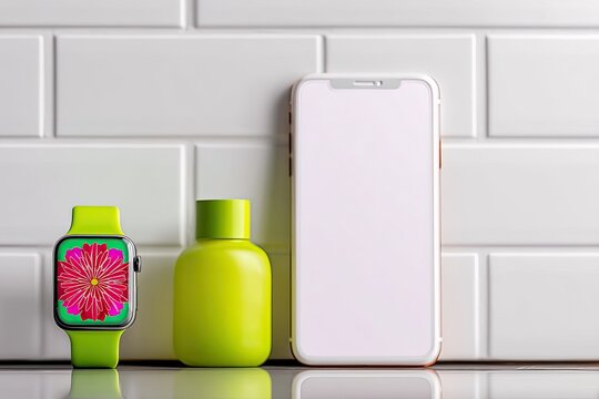 A vibrant green smartwatch with a floral display, a lime green cosmetic bottle, and a white smartphone are arranged on a reflective surface against a white subw