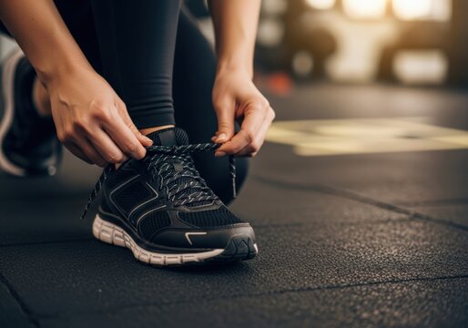 Woman tying shoelaces on running shoes before a workout at the gym - Powered by Adobe
