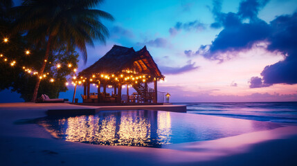 Fototapeta premium Romantic sunset view of a tropical beachfront restaurant illuminated with fairy lights
