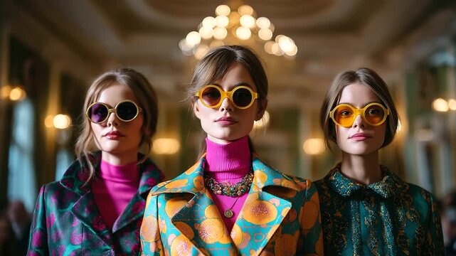 Models walking runway at 1960s mod fashion show, bold patterns and bright colors, cultural revolution, timeless creativity, confidence and individuality, retro glamour, London chic