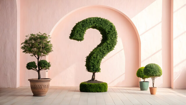 Creative green topiary shaped like a question mark symbol in bright minimalist interior with soft pastel pink walls