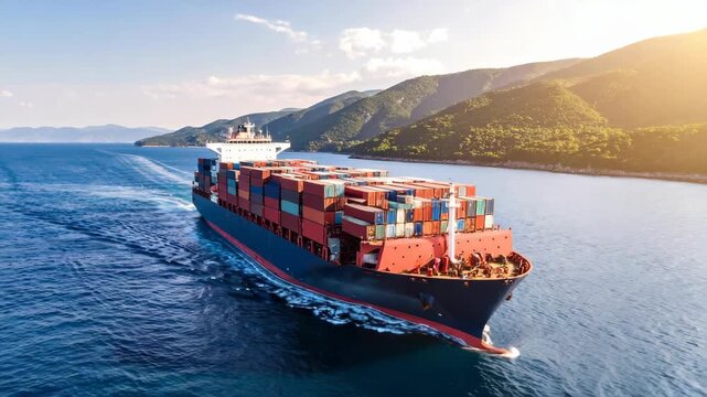 Large cargo ship carrying containers sailing across the ocean on a sunny day near green mountainous islands for global trade