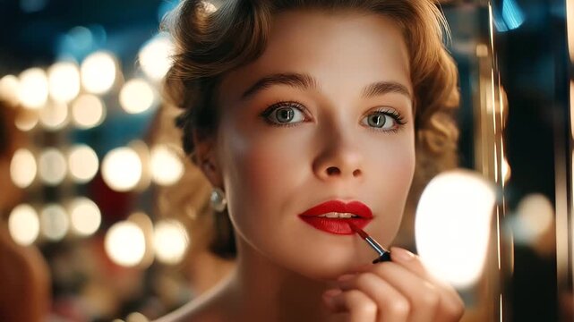 Actress applying classic Hollywood makeup at dressing table, mirror lights glowing, red lips and eyeliner, timeless beauty ritual, cinematic glamour, 1950s starlet aesthetic, with