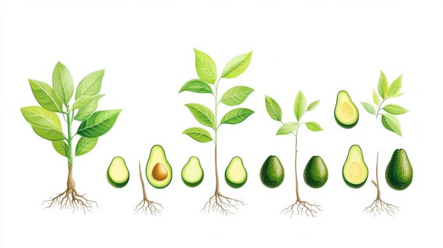 102.A vibrant, step-by-step illustration of an avocado plantâ€™s growth, from seedling to full-grown plant, with clear details of the roots and leaves, all set on a simple white background for easy