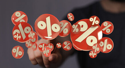 Abstract image of a person touching floating percentage signs. Ideal for sales, discounts, offers...