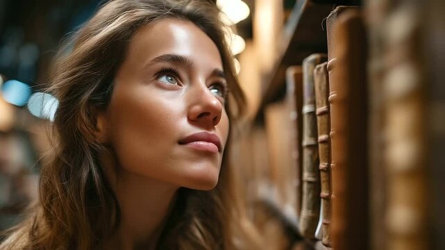 Woman browsing vintage bookstore, shelves of leather-bound classics, dust particles in light, literary nostalgia, intellectual charm, timeless exploration, calm and focus, with cop