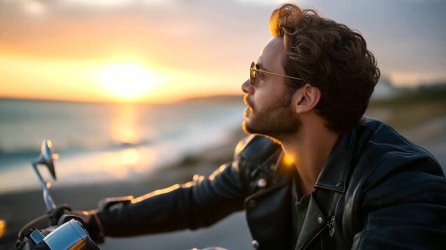 Man cruising on vintage motorcycle along coastal road, wind and sun, leather jacket and goggles, timeless freedom, 1950s adventure, craftsmanship and power, nostalgic travel energy
