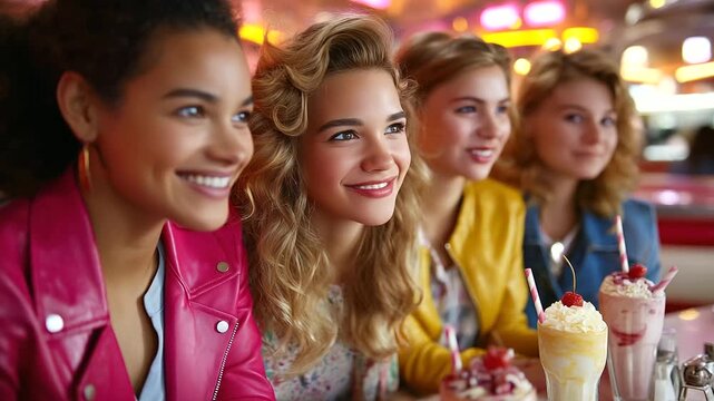 Group of friends in poodle skirts and leather jackets at retro diner, jukebox glowing behind, milkshakes on counter, 1950s teen culture, rock and roll energy, classic Americana sty