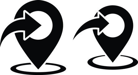 Two black location pin icons with curved arrows pointing right map marker navigation