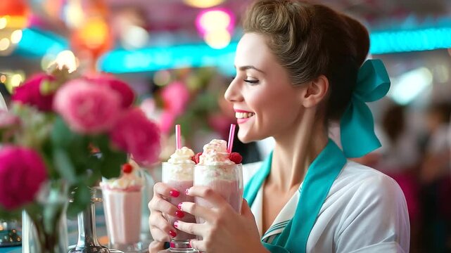 Waitress serving milkshakes at retro diner counter, chrome reflections, neon lights, pastel tones, joyful nostalgia, 1950s pop culture, classic hospitality, carefree energy, with c