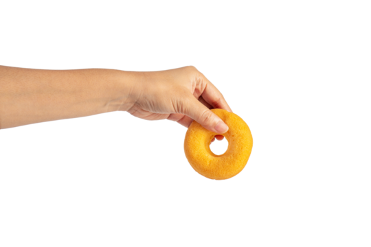 Yellow round donut in hand on transparent background