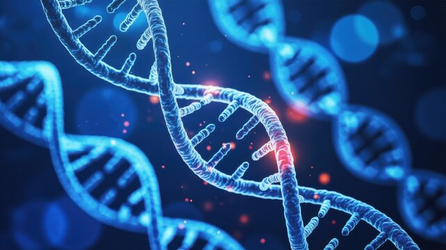 A close up view of a dna strand with red highlights on a blue background in a studio shot image