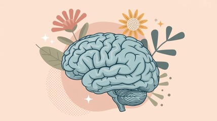 Illustration of a human brain surrounded by flowers and leaves on a light background art concept