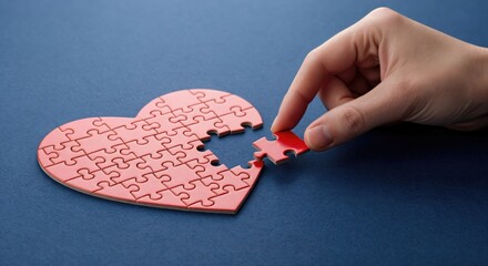 Hand Placing Red Puzzle Piece into Heart Shape on Blue Background – Symbol of Love and Connection