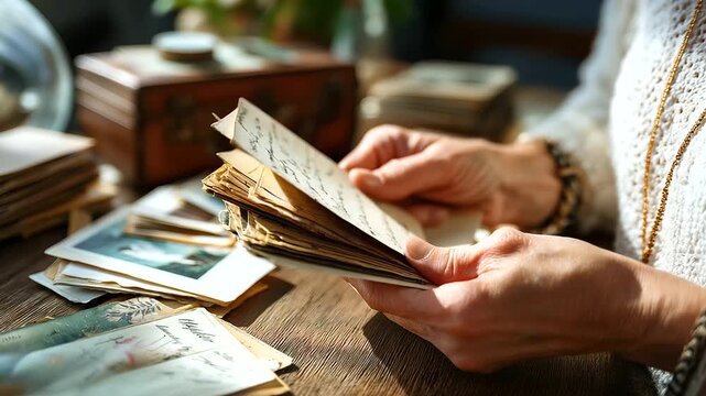 Traveler flipping through collection of vintage postcards, soft daylight and handwriting visible, nostalgia and wanderlust, emotional heritage, storytelling and memory, timeless co