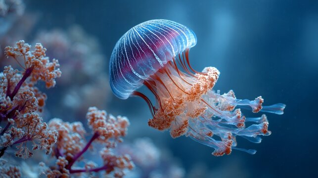 Bioluminescent jellyfish swimming among coral in ocean