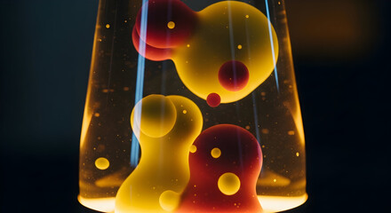 Close up of a vintage lava lamp with bright yellow and red blobs slowly rising and falling within the clear glass bottle creating a mesmerizing psychedelic visual effect against a dark background