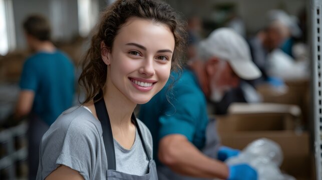 Young woman volunteering and smiling at a food bank