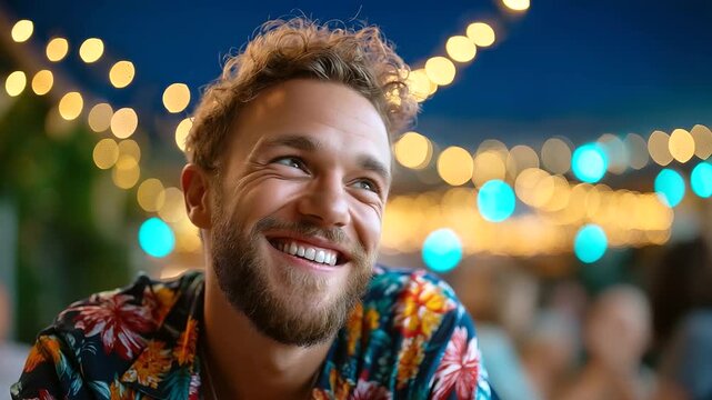 Man wearing Hawaiian shirt at tropical bar, tiki lights and laughter, 1960s travel nostalgia, carefree relaxation, retro leisure, timeless joy, colorful island aesthetic, with copy