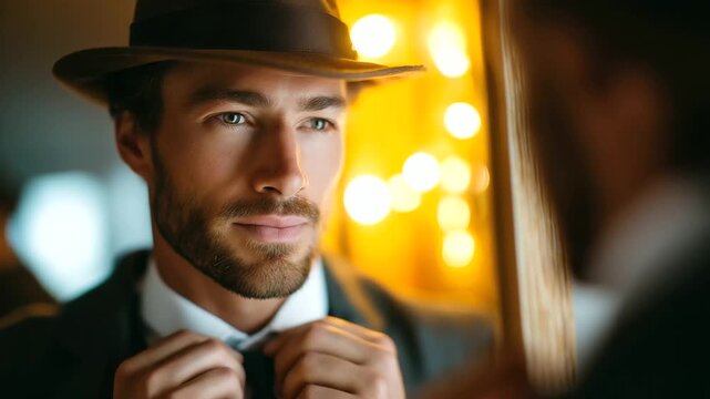 Elegant man wearing fedora adjusting tie in mirror, warm lighting, 1930s style confidence, timeless masculinity, fashion heritage, cinematic elegance, sophistication and poise, wit