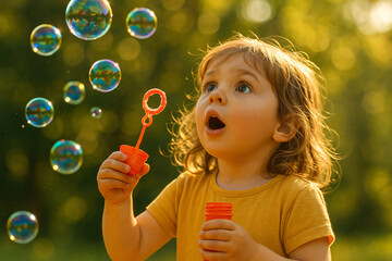 Child Blowing Bubbles in Outdoor Summer Setting