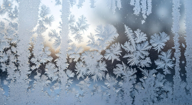 Delicate frosty patterns resembling ferns and leaves adorn a windowpane on a cold winter morning with soft sunlight filtering through the ice crystals creating a magical and ethereal natural artwork