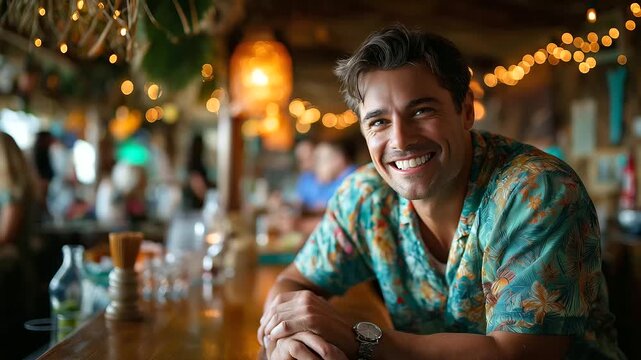 Man wearing Hawaiian shirt at tropical bar, tiki lights and laughter, 1960s travel nostalgia, carefree relaxation, retro leisure, timeless joy, colorful island aesthetic, with copy