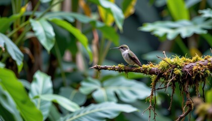 Obraz premium A hummingbird perched on a mossy branch surrounded by lush green leaves.