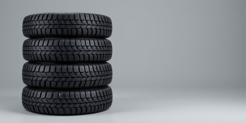 Stacked tires against a neutral background, highlighting their texture and design.
