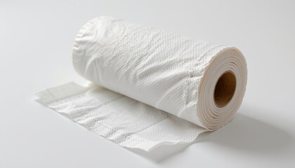 Roll of white paper towel on a plain background ready for use.