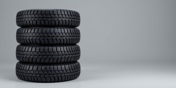Stacked tires against a neutral background, highlighting their texture and design.