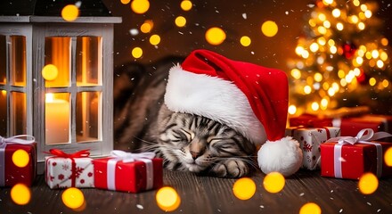 cat and christmas tree gift and lights